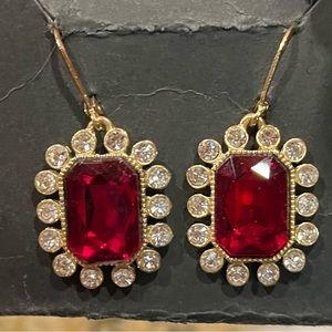 Earrings for pierced ears, red square stone, with rhinestone trim.